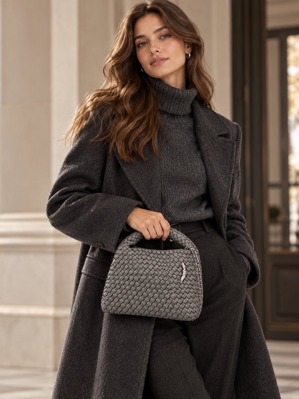 Borsa in neoprene grigio intrecciato con tracolla